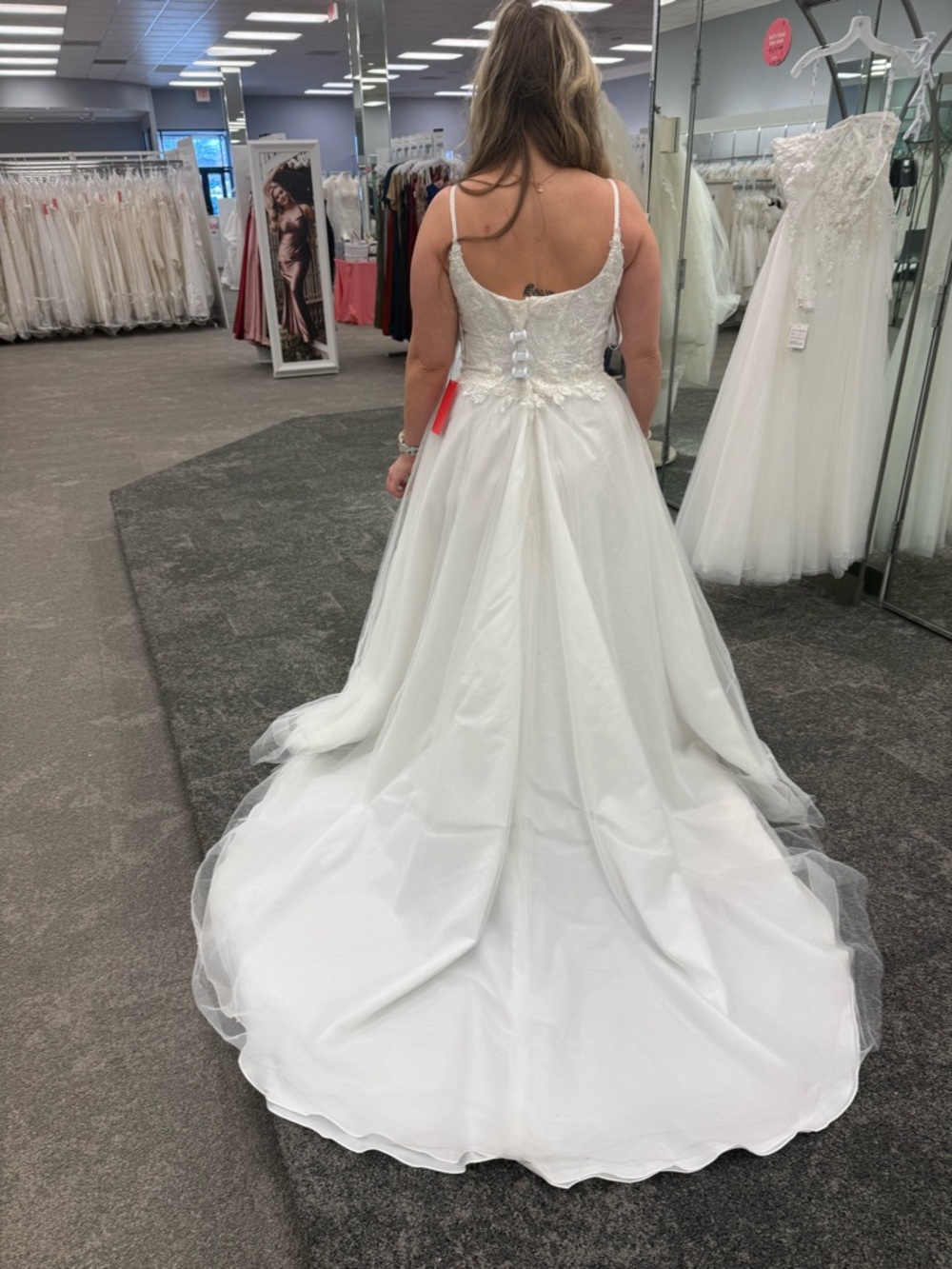 David's Bridal White Spaghetti Strap Lace Bodice A-Line Wedding Dress